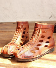 Casual Hollow Out Boots Brown Cowhide Leather - SooLinen