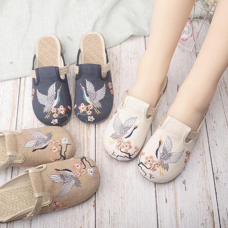 Casual Khaki Embroideried Linen Fabric Slippers Shoes - SooLinen