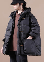 Casual Loose Fitting Womens Parka Overcoat Black Hooded Pockets Cotton Coat - SooLinen