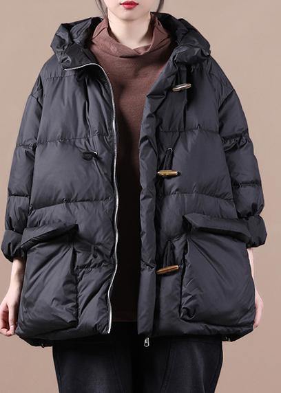 Casual Loose Fitting Womens Parka Overcoat Black Hooded Pockets Cotton Coat - SooLinen