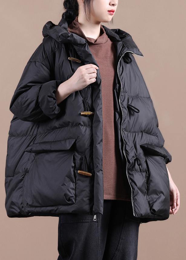 Casual Loose Fitting Womens Parka Overcoat Black Hooded Pockets Cotton Coat - SooLinen