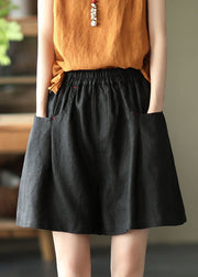 Casual Solid Black Elastic Waist Linen Shorts Trousers Summer