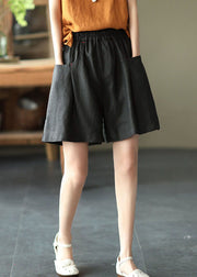 Casual Solid Black Elastic Waist Linen Shorts Trousers Summer