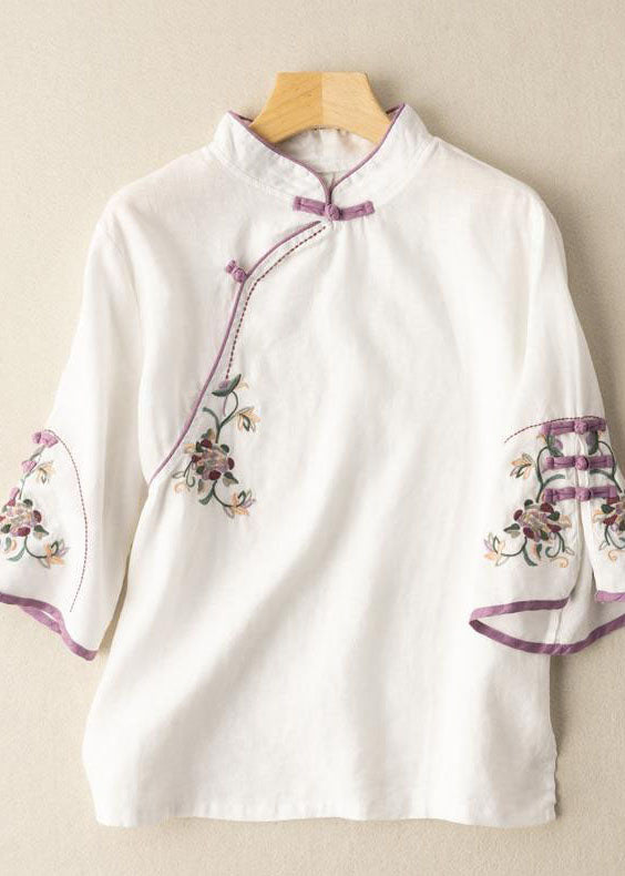 Casual White Embroideried Button Blouse Tops Half Sleeve