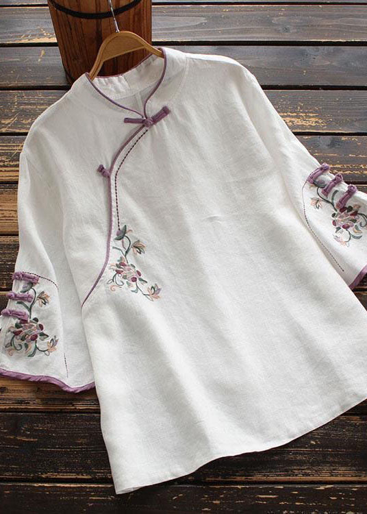 Casual White Embroideried Button Blouse Tops Half Sleeve