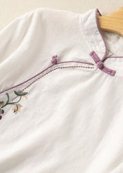 Casual White Embroideried Button Blouse Tops Half Sleeve