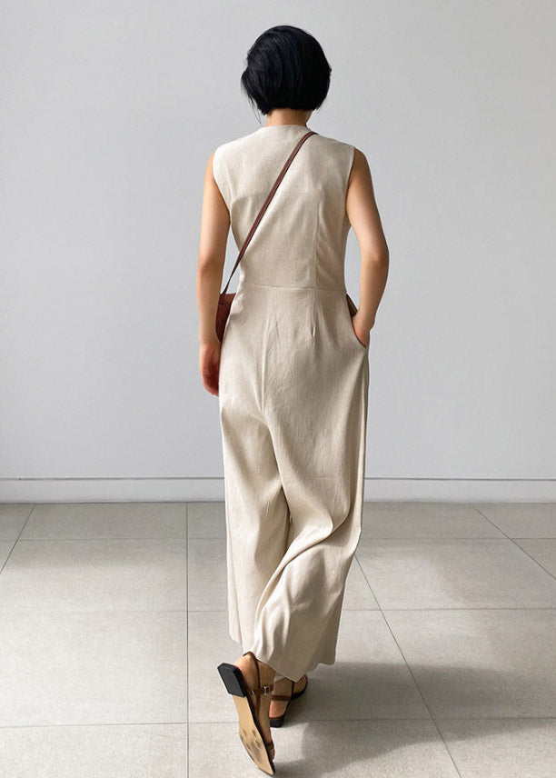 Chic Beige V Neck Button Pockets Jumpsuit Pants Summer