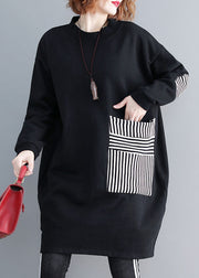 Chic Black Pockets Patchwork Warm Fleece Sweatshirts dress Winter