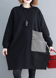 Chic Black Pockets Patchwork Warm Fleece Sweatshirts dress Winter