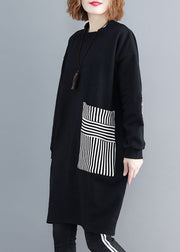 Chic Black Pockets Patchwork Warm Fleece Sweatshirts dress Winter