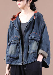 Chic Blue Hooded Pockets zippered Fall Denim Coat Long sleeve