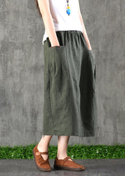 Chic Khaki elastic waist Pockets Cotton Linen A Line Skirt Spring