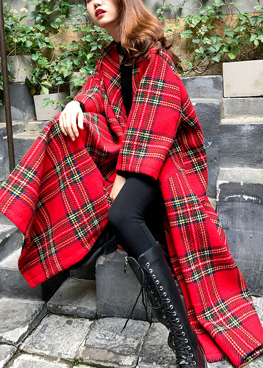 Chic Red Plaid Patchwork Woolen Coat Spring