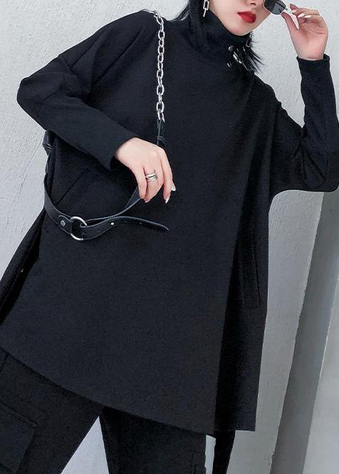 Chic black cotton Blouse high neck asymmetric daily blouse - SooLinen