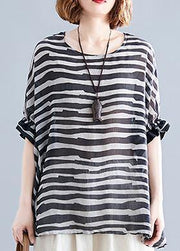 Chic black striped shirts women o neck Batwing Sleeve box shirts - SooLinen