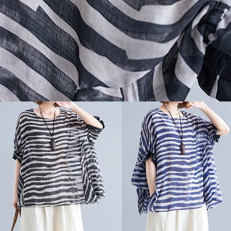 Chic black striped shirts women o neck Batwing Sleeve box shirts - SooLinen