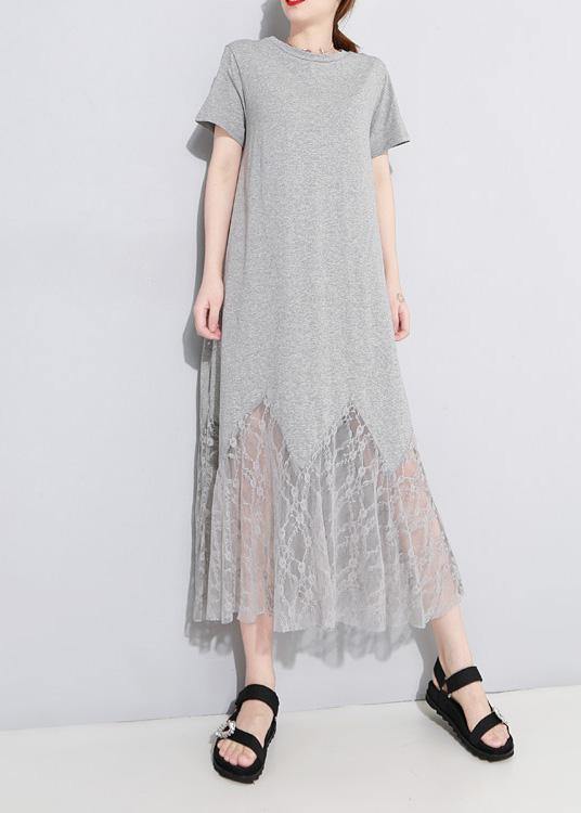 Chic gray cotton clothes Women lace patchwork Maxi summer hollow out Dresses - SooLinen