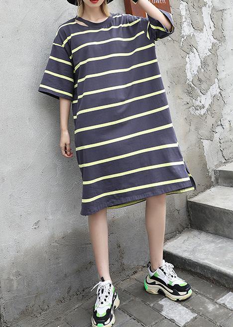 Chic gray green Cotton dresses side open Knee summer Dresses - SooLinen