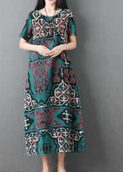 Chic loose waist cotton linen Soft Surroundings linen green prints Dresses summer - SooLinen