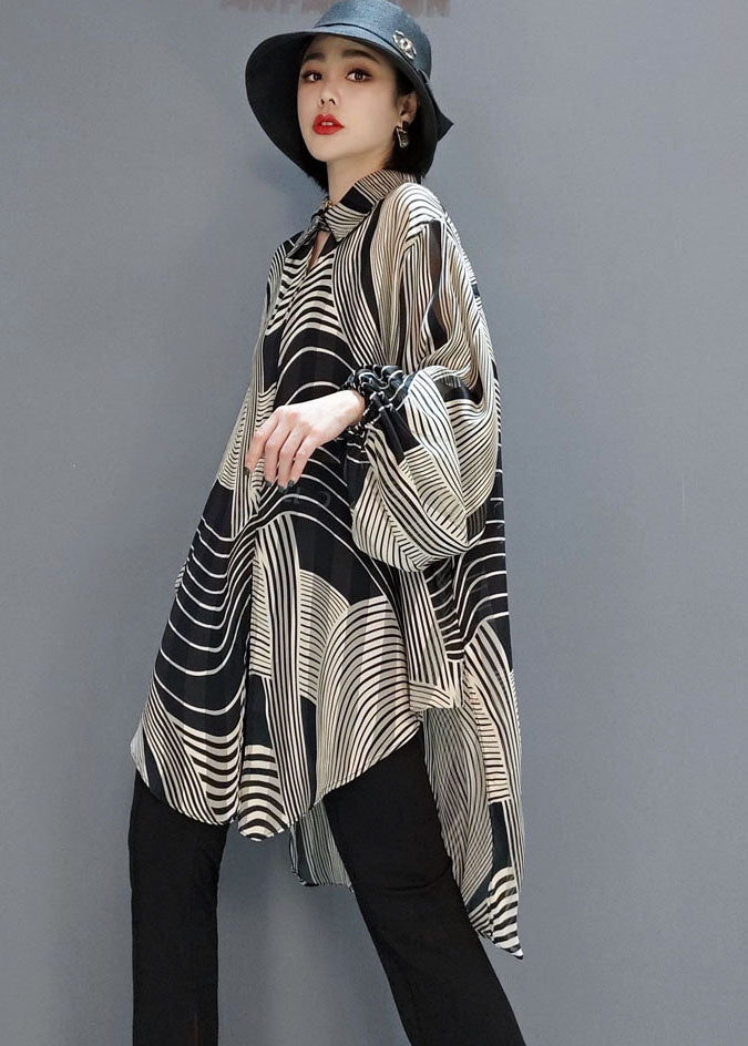 Chic low high design Striped Chiffon Shirt Blouse