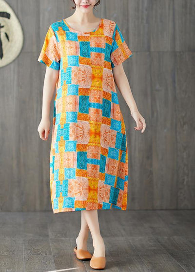 Chic orange red prints linen cotton dresses o neck Dresses summer Dresses - SooLinen