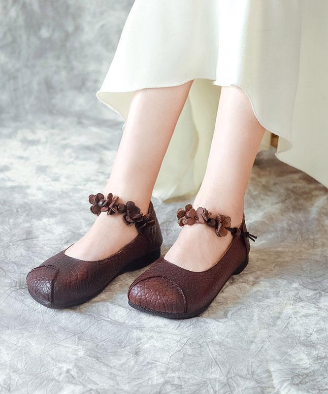 Chocolate Cowhide Leather Buckle Strap Loafers For Women - SooLinen