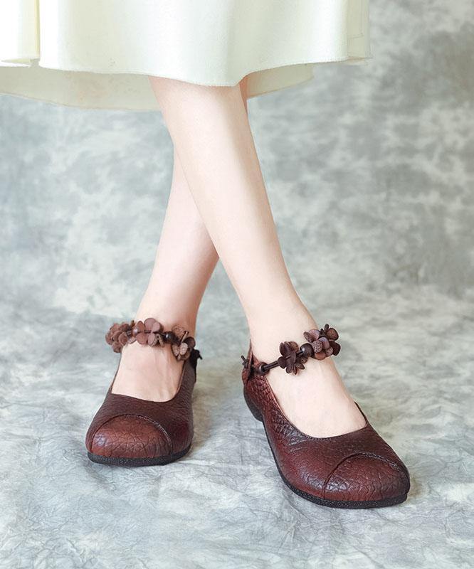 Chocolate Cowhide Leather Buckle Strap Loafers For Women - SooLinen