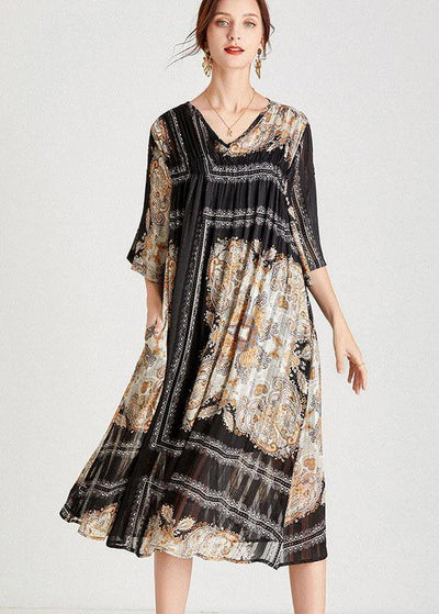 Classy Black Apricot V Neck Print Fall Chiffon Party Dresses Half Sleeve - SooLinen