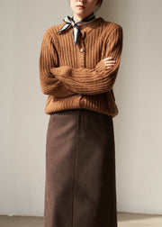 Classy Brown Button Woolen Knit Loose Coat Winter