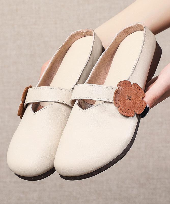 Classy Buckle Strap Beige Genuine Leather Slide Sandals - SooLinen