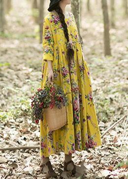 Classy O Neck Cinched Dresses Work Outfits Yellow Long Dress - SooLinen