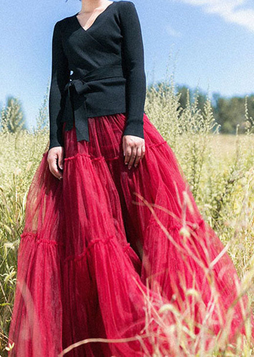 Classy Red Cinched tulle pleated skirt Spring