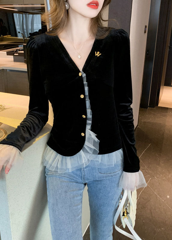 Classy black V Neck tulle Patchwork Velour top Spring