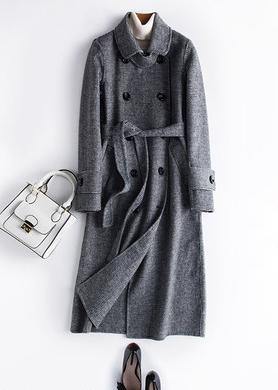 Classy black plaid fine Long Woolen CoatsPhotography Notched tie waist fall Woolen Coats - SooLinen