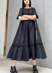 Classy black print cotton clothes o neck Cinched cotton robes summer Dresses - SooLinen