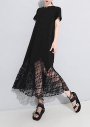 Classy lace patchwork cotton tunic dress Outfits black Art Dress summer hollow out - SooLinen