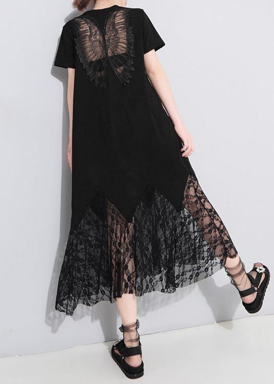 Classy lace patchwork cotton tunic dress Outfits black Art Dress summer hollow out - SooLinen