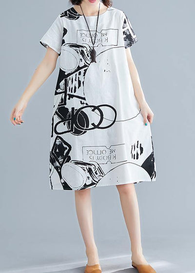 Classy white print linen Wardrobes o neck short sleeve shift summer Dress - SooLinen