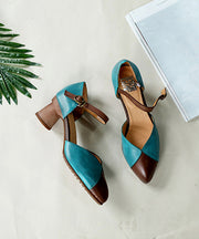 Chocolate Blue Splicing High Heels Chunky Cowhide Leather Retro Buckle Strap High Heels