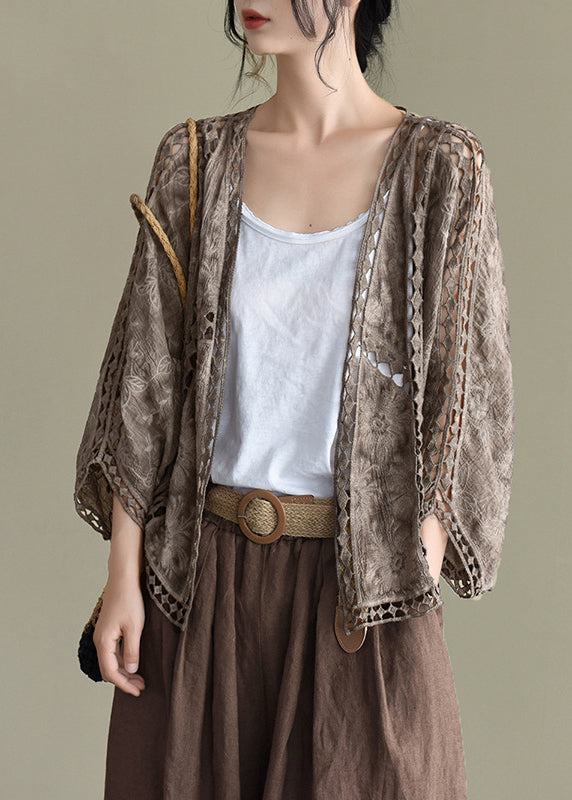 Coffee Cardigans Hollow Out Embroideried Batwing Sleeve