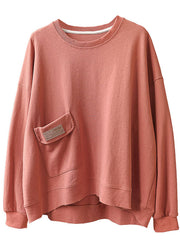 Comfy Brick Red Loose O-Neck Pockets Fall Sweatshirt Street Wear