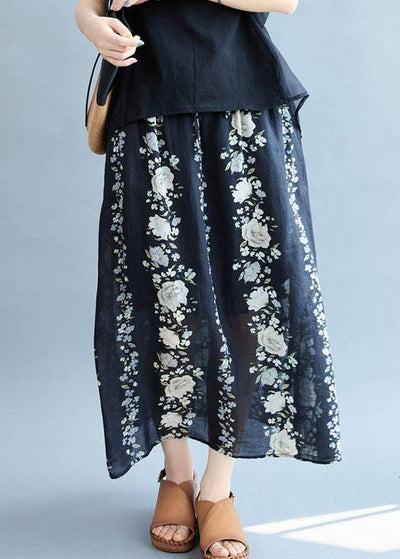 Comfy Navy Pockets Tie Waist Print Fall Floral Skirts - SooLinen