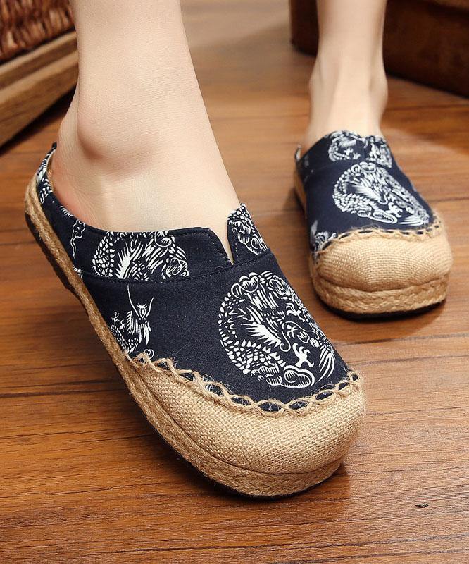 Comfy Navy Print Linen Fabric Slippers Shoes - SooLinen