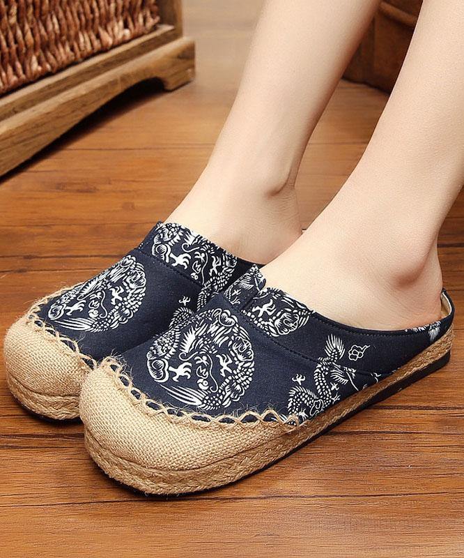 Comfy Navy Print Linen Fabric Slippers Shoes - SooLinen