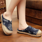 Comfy Navy Print Linen Fabric Slippers Shoes - SooLinen