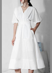 Comfy White V Neck Cotton Lantern sleeve Summer Dress - SooLinen