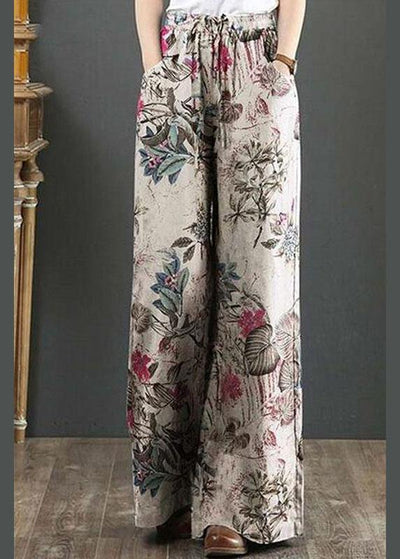 Cotton Women Palnt Floral Print Pocket Drawstring Elastic Waist Retro Wide Leg Pants - SooLinen