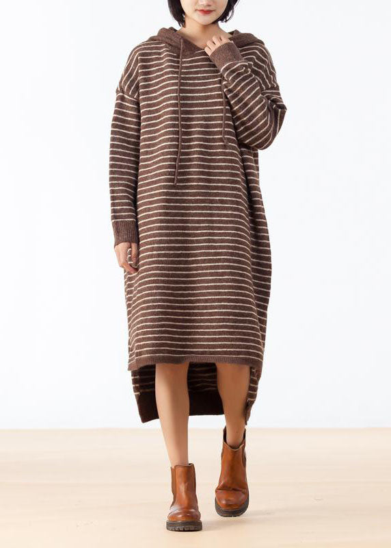 Cozy Sweater weather Largo Chocolate High Low Hem Knit Stripe Loose Dress