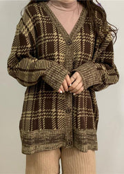 Cute brown plaid knit cardigans Loose fitting winter knit outwear v neck - SooLinen