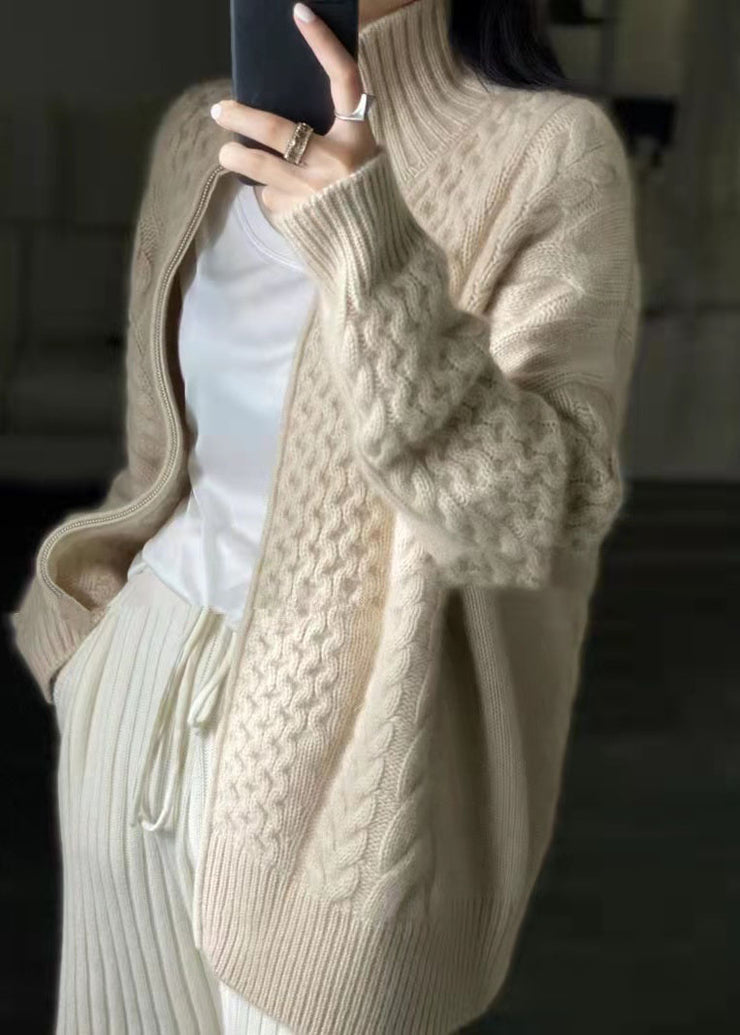 DIY Beige Zip Up Casual Woolen Knitted Tops Coat Winters